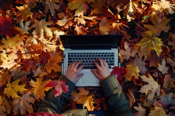 Sticker - A person sitting on the ground surrounded by fallen leaves, typing away on their laptop