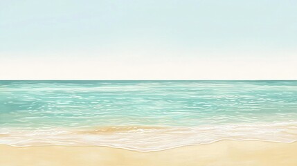 Poster -  A painting of a beach with the ocean in the foreground and a light blue sky in the background