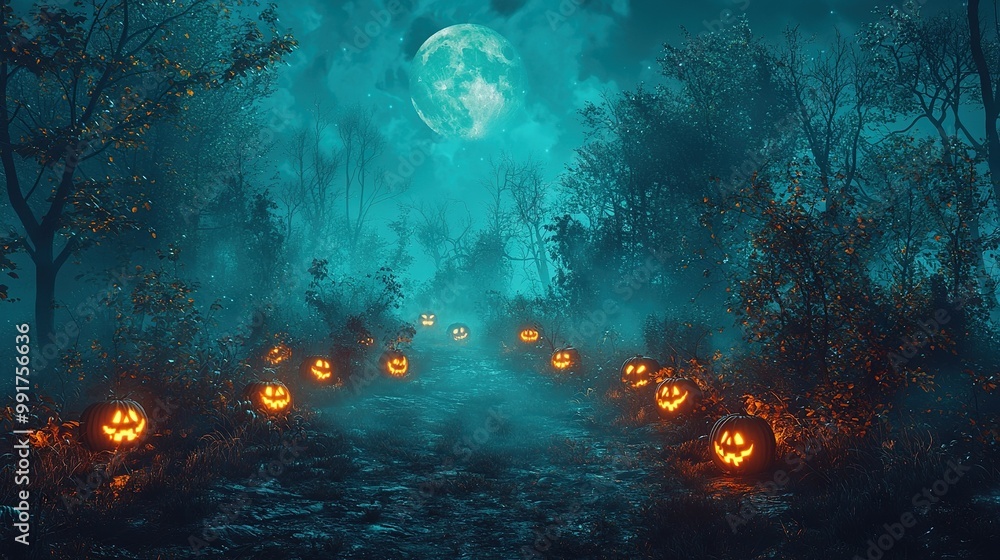 In the woods at night, a cluster of Jack-o'-Lantern pumpkins illumines ...