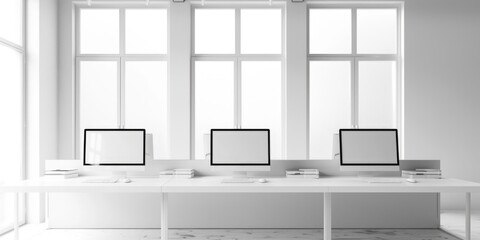 Poster - Computers arranged on a white table, suitable for illustration or educational purposes