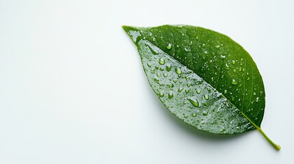 A single green leaf with water droplets on a white background.