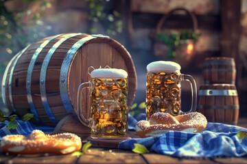 Canvas Print - Two mugs of beer and two pretzels placed on a table, perfect for a casual get-together or social gathering