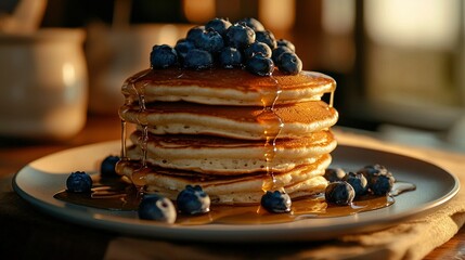 Poster -   A plate full of fluffy pancakes topped with sweet syrup and fresh blueberries