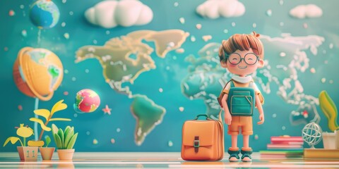 Poster - A young child standing in front of a wall featuring a large world map, suitable for educational or travel-themed projects