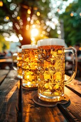 Canvas Print - Three beer mugs sit on a wooden table, awaiting use