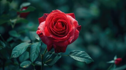 Canvas Print - A close-up shot of a red rose with water droplets glistening on its petals