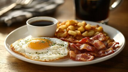 Poster -   A white plate with bacon and a fried egg alongside cups of coffee