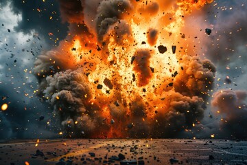 Canvas Print - A massive explosion of black and orange smoke and rocks, suitable for action or adventure scenes