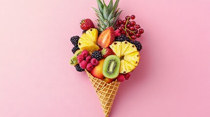 Poster -  A vibrant fruit arrangement in a waffle cone on a pastel pink backdrop includes a juicy pineapple, succulent raspberry, refreshing kiwi