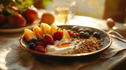 Poster -   A table holds a bowl of granola, yogurt, fruit, and a glass of wine