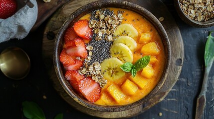   A fruit, granola, and yogurt bowl sits on a table beside strawberries