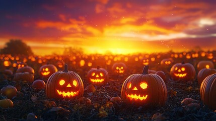 Poster -   A Jack o'Lantern pumpkin field at sunset with cloudy sky