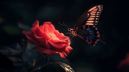 Canvas Print - A butterfly lands on a red rose in a garden, with a dark background.