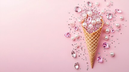 Sticker -  Pink cone w/ pearls & pink background