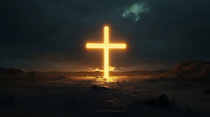 Wall Mural - A glowing neon cross stands tall against a stormy sky, radiating hope in the face of adversity.