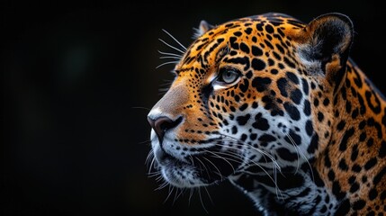 Portrait of a Jaguar on a black background. Leopard on black background