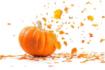 Poster - A small orange pumpkin sitting atop a pile of fallen leaves