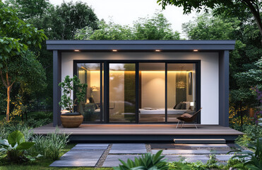 A modern garden room with sliding doors and windows, featuring a contemporary design. The walls are painted white, and the floor is made of wood