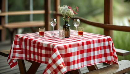 Wall Mural - Classic red and white checkered tablecloth setting ideal for picnics, parties, and stylish dining room decoration