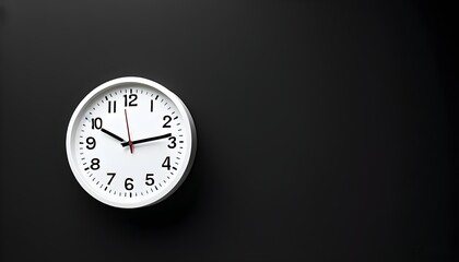 Minimalist white wall clock against black backdrop symbolizing time and punctuality at 2:10