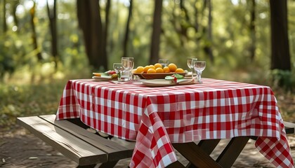 Classic red and white checkered tablecloth setting ideal for picnics, parties, and stylish dining room decoration