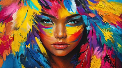 Wall Mural -   Portrait of a Woman with Vibrant Feather Headpiece and Makeup