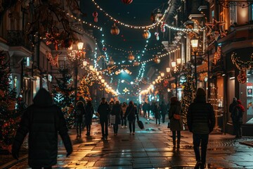 Canvas Print - A group of people walk down the street under streetlights and neon signs, with city lights and sounds in the background