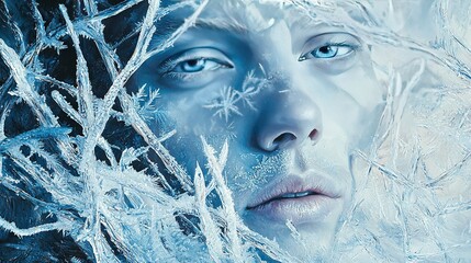 Sticker -   A woman's face is covered in ice and snowflakes as she stares into the distance with her eyes wide open