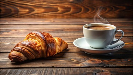 Wall Mural - Breakfast with a freshly baked croissant and a cup of hot coffee on a wooden table, bakery,croissant, delicious, baked goods, start the day right, espresso, comfort, latte, caffeine