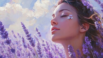 Wall Mural -   A woman in a lavender field with her eyes closed and a butterfly on her forehead