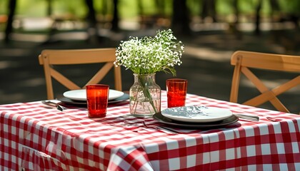 Classic red and white checkered tablecloth setting ideal for picnics, parties, and stylish dining room decoration