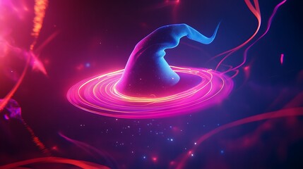 Wall Mural - A glowing blue and pink witch's hat with neon light trails, surrounded by bright light streaks on a dark background.