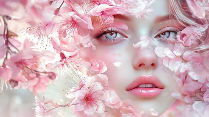 Poster -   Blue-eyed woman with flowers on face, hair, and makeup