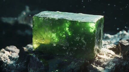 Wall Mural - A translucent green cube with a glowing interior sits on a bed of rocks.