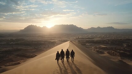 Wall Mural -   A group of people trekking up a sand dune in a desert with mountainous scenery in the background