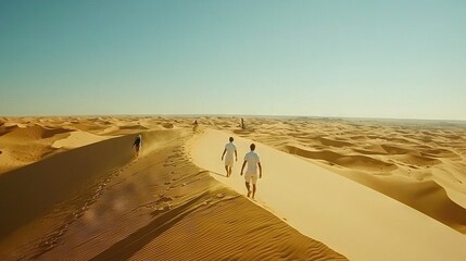 Poster -   A group of people stroll across a sandy beach beside numerous sand dunes amidst a desert landscape