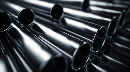 A close-up view of shiny chrome-plated steel pipes arranged in an industrial setting highlights their metallic finish and engineering precision. 