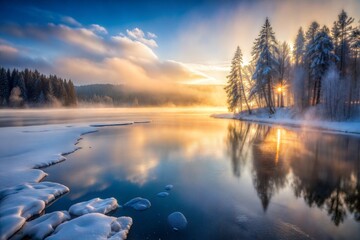 Poster - Winter sunrise over misty lake with snow-covered trees