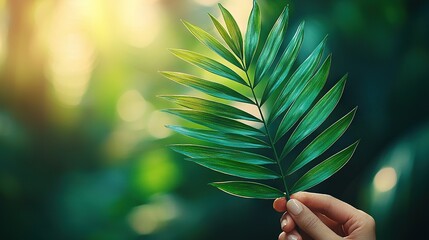 Canvas Print -   A person's hand holding a green leaf against a blurry forest backdrop