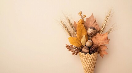 Sticker -   An ice cream cone with a cluster of leaves and acorns atop a white background