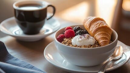 Poster -   A bowl of cereal with yogurt, raspberries, and a croissant beside a cup of coffee