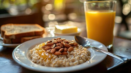 Wall Mural -   A white plate with oatmeal and toast beside two glasses of orange juice