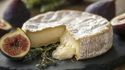 Sticker -   A black plate holds a slice of cheese atop it, accompanied by figs nearby