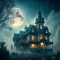 Haunted mansion on a hill, evil spiritual blue aurora emanating from house, dark scary halloween night, spooky window lights, dead tree silhouettes, foggy haze