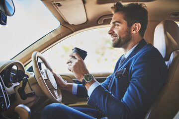 Wall Mural - Businessman, driver and coffee in car to work, morning commute and travel with beverage. Male person, professional and business trip to meeting in urban city, motor vehicle and journey to office