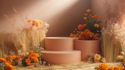Aufkleber - A two-tiered, peach-colored pedestal is the focal point of a photograph. The pedestal is surrounded by fall-colored flowers and dried grasses