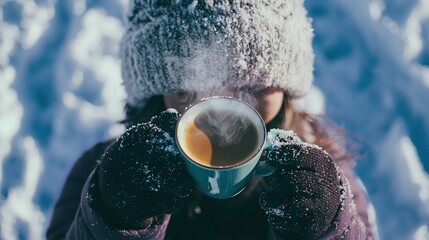 Canvas Print -   A woman holds a steaming cup of coffee aloft in the snowy landscape with both hands raised