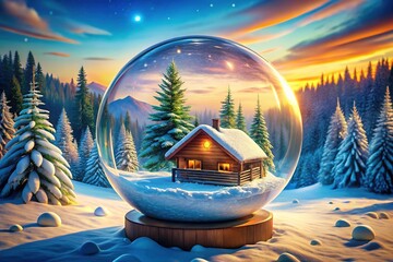 Hand-drawn snow globe illustration featuring winter scenery, pine trees, and a cozy cabin inside