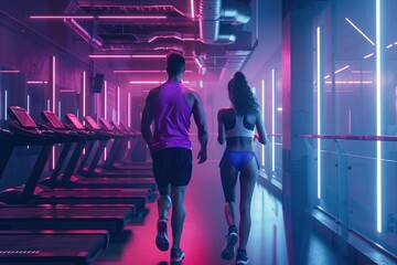 Sticker - A couple exercising together on a treadmill, perfect for health and fitness themes