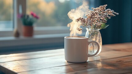 Poster -   A mug of joe perched on a brownwood desk beside a blooming vase